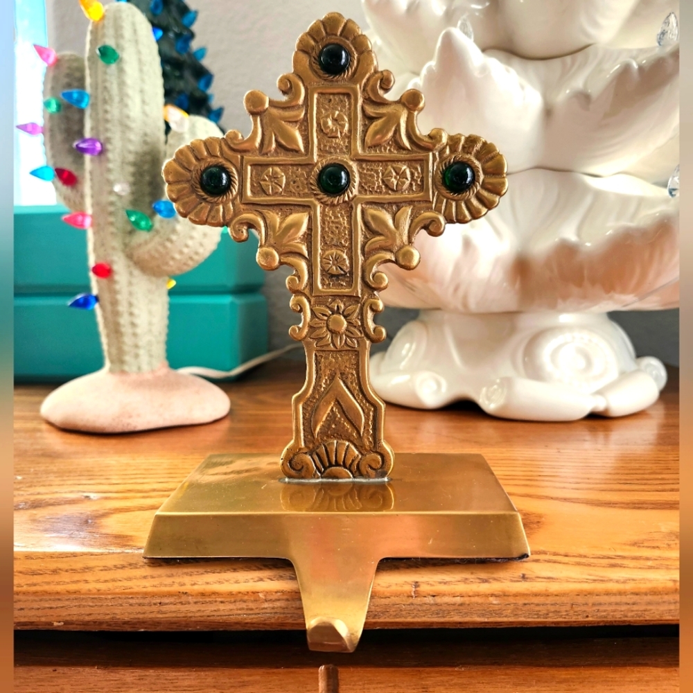 Vinrage Brass Cross Christmas Stocking Hook with Emerald Green Glass Accents